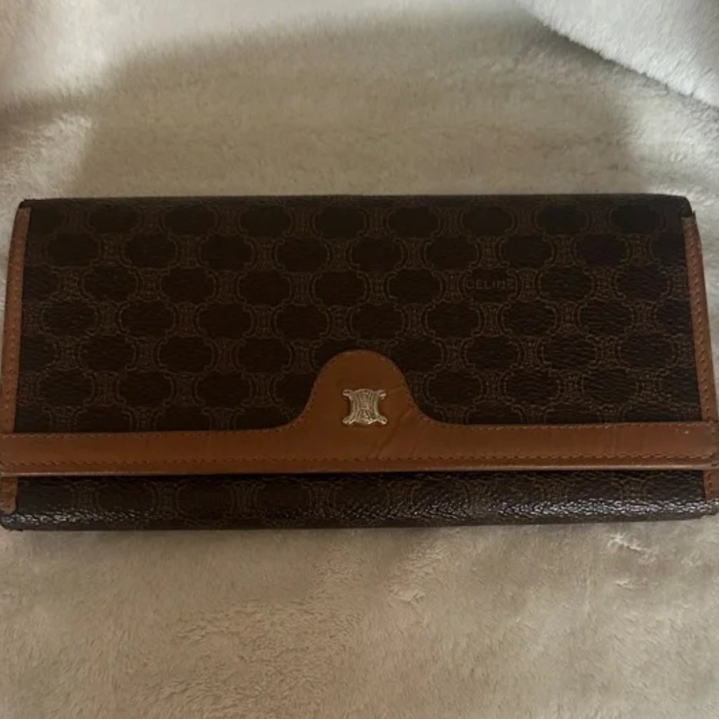 Celine Vintage Macadam Triomphe Long Wallet Brown Pvc Leather Italy